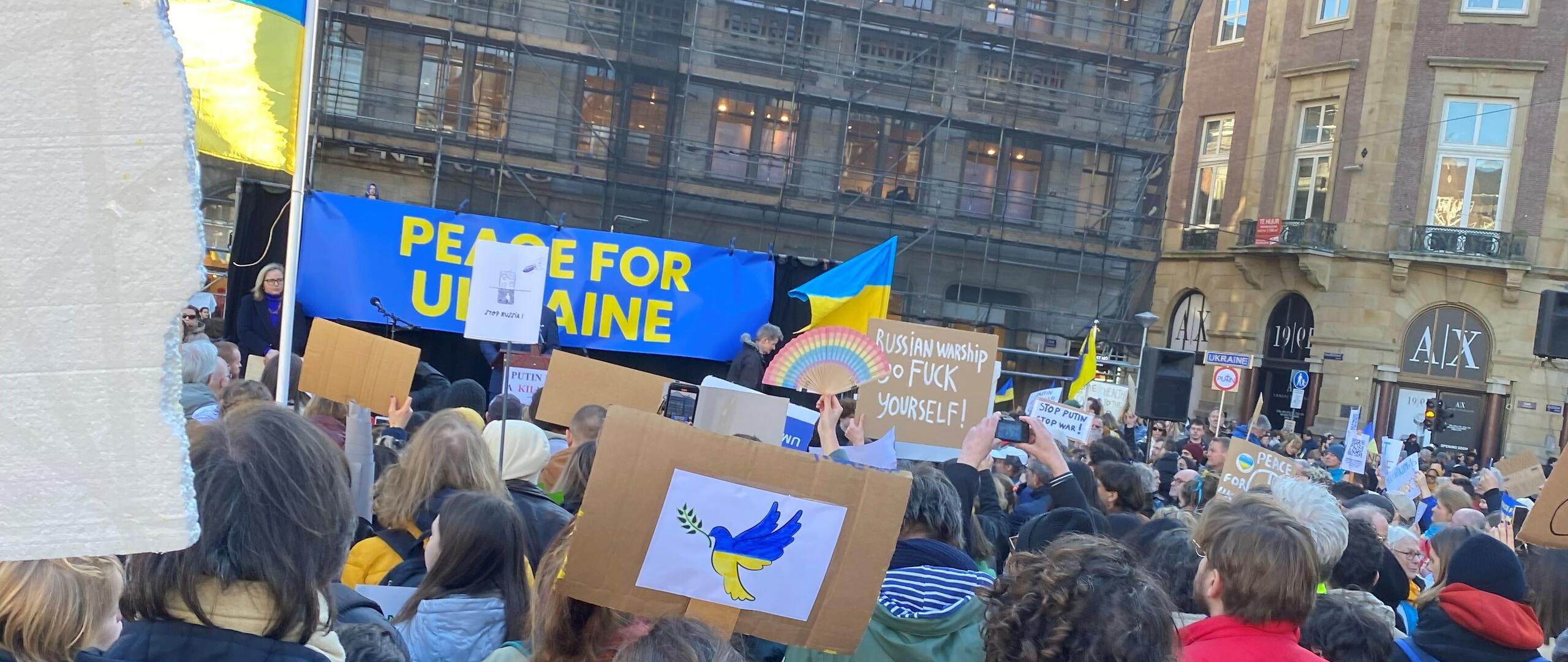 A rally in Amsterdam where the protesters urge for peace in Ukraine